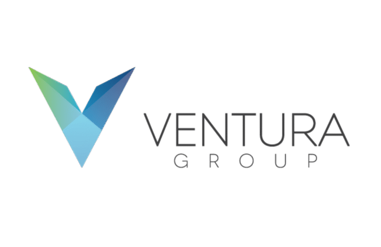 a logo with a blue triangle